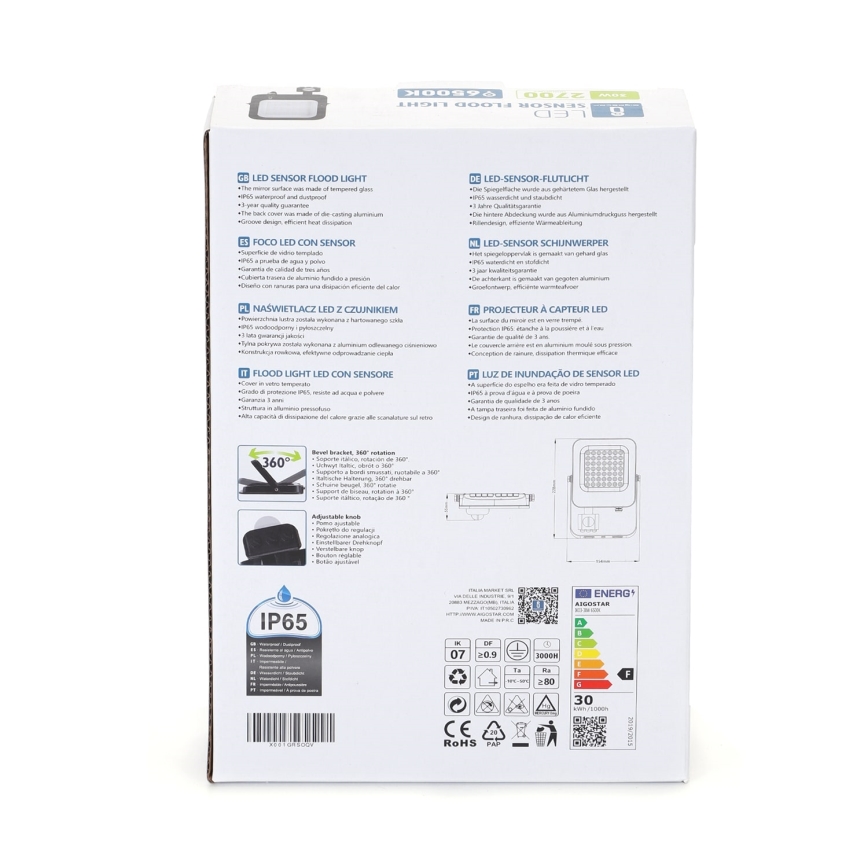 Aigostar - LED Reflektor z czujnikiem LED/30W/230V 6500K IP65
