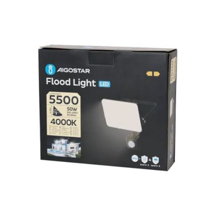 Aigostar - LED Reflektor z czujnikiem LED/50W/230V 4000K IP65 czarny