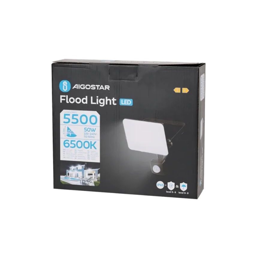 Aigostar - LED Reflektor z czujnikiem LED/50W/230V 6500K IP65 czarny