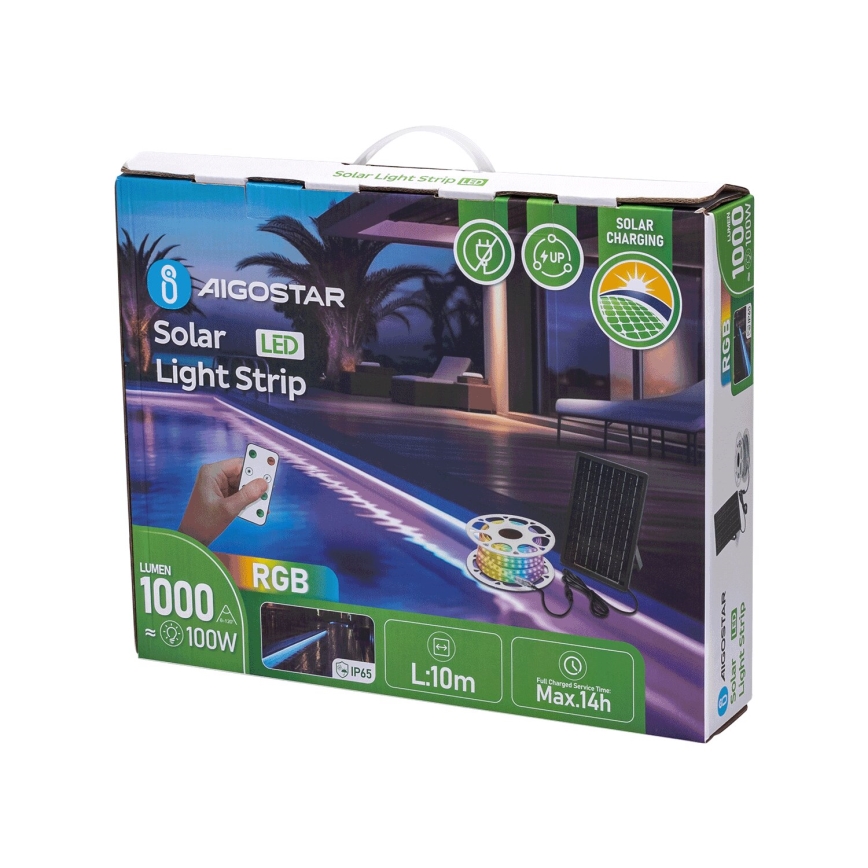 Aigostar - Regulowany pasek solarny LED RGB LED/10W/3,2V 10 m IP65 8000 mAh + pilot zdalnego sterowania