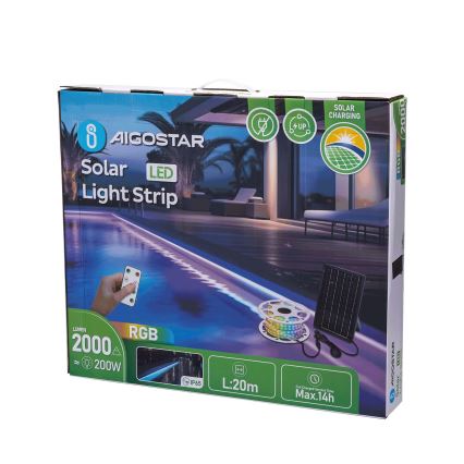Aigostar - Regulowany pasek solarny LED RGB/20W/3,2V 20 m IP65 20000 mAh + pilot zdalnego sterowania