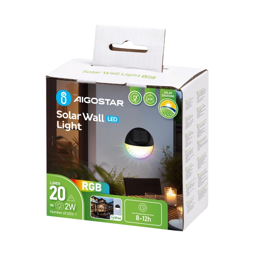 Aigostar - LED RGB Kinkiet solarny LED/2W/1,2V 300 mAh czarny IP44