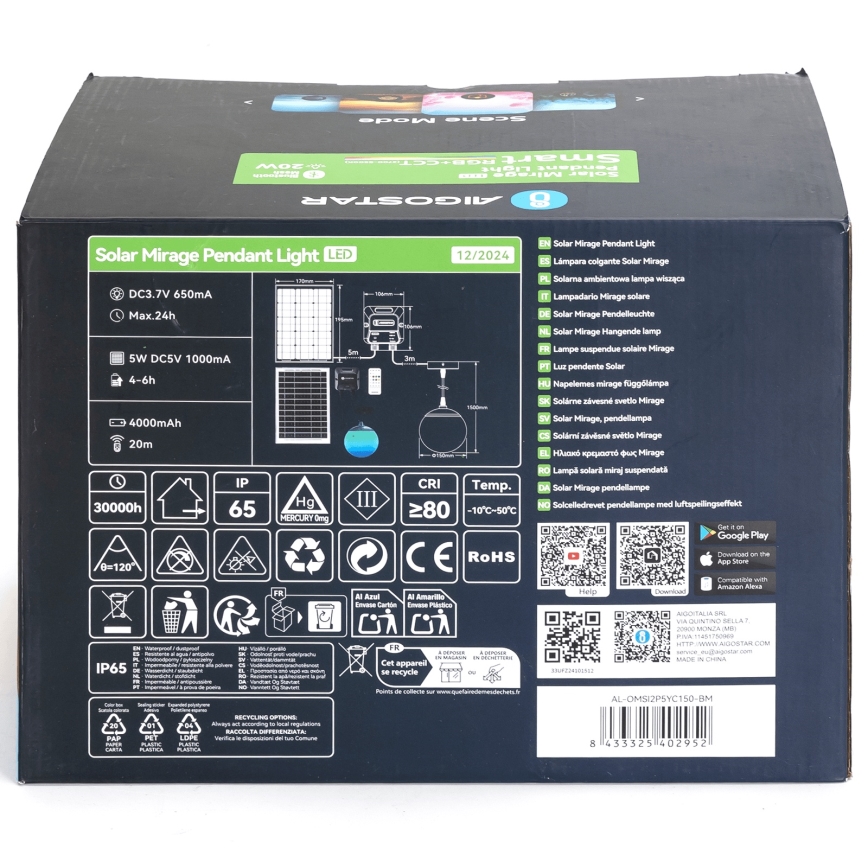 Aigostar - LED RGB Ściemnialny solarny żyrandol MESH LED/20W/3,7V 4000 mAh 2700K-6500K IP65 śr. 15 cm