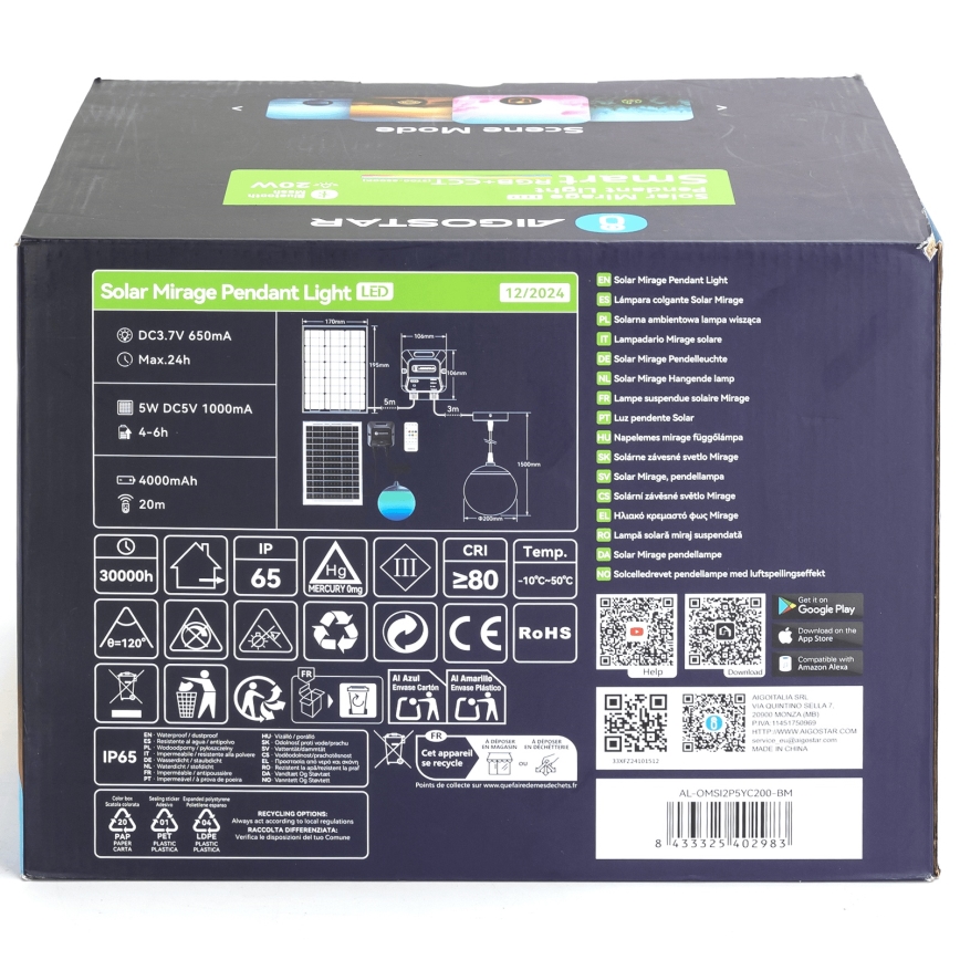 Aigostar - LED RGB Ściemnialny żyrandol solarny MESH LED/20W/3,7V 4000 mAh 2700K-6500K IP65 śr. 20 cm