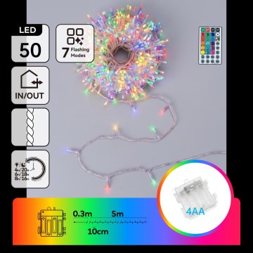 Aigostar - LED RGB zewnętrzny łańcuch świąteczny 50 diod LED / 7 funkcji / 4x AA / 5,3 m / IP44 / wielokolorowy + pilot zdalnego sterowania