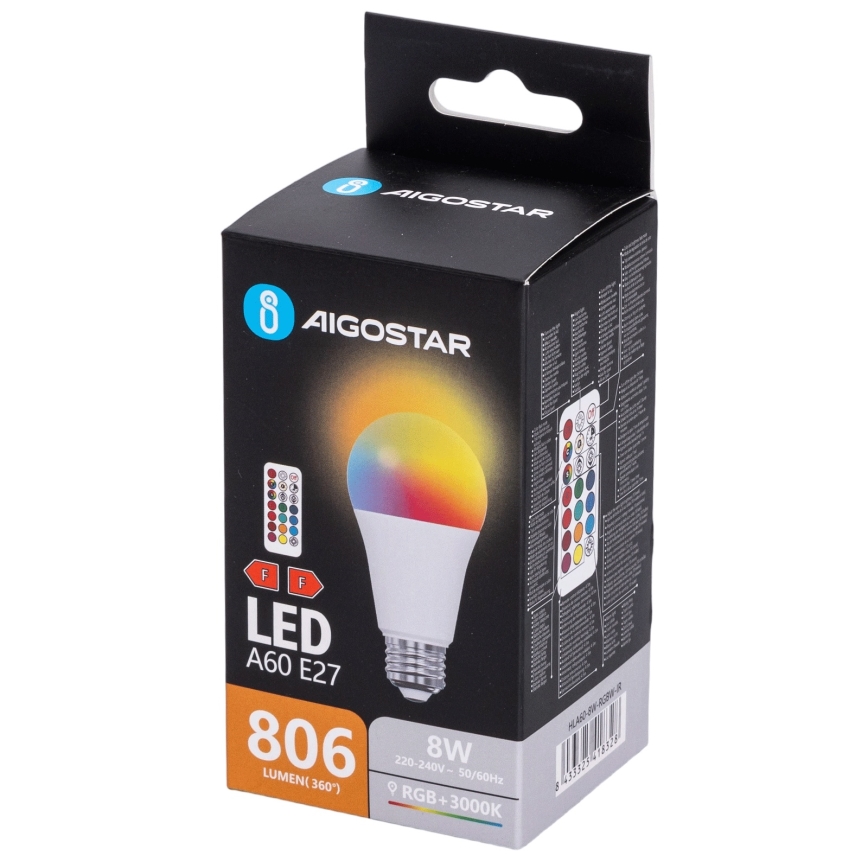 Aigostar - LED RGBW ściemnialna żarówka A60 E27/8W/230V 3000K + zdalne sterowanie