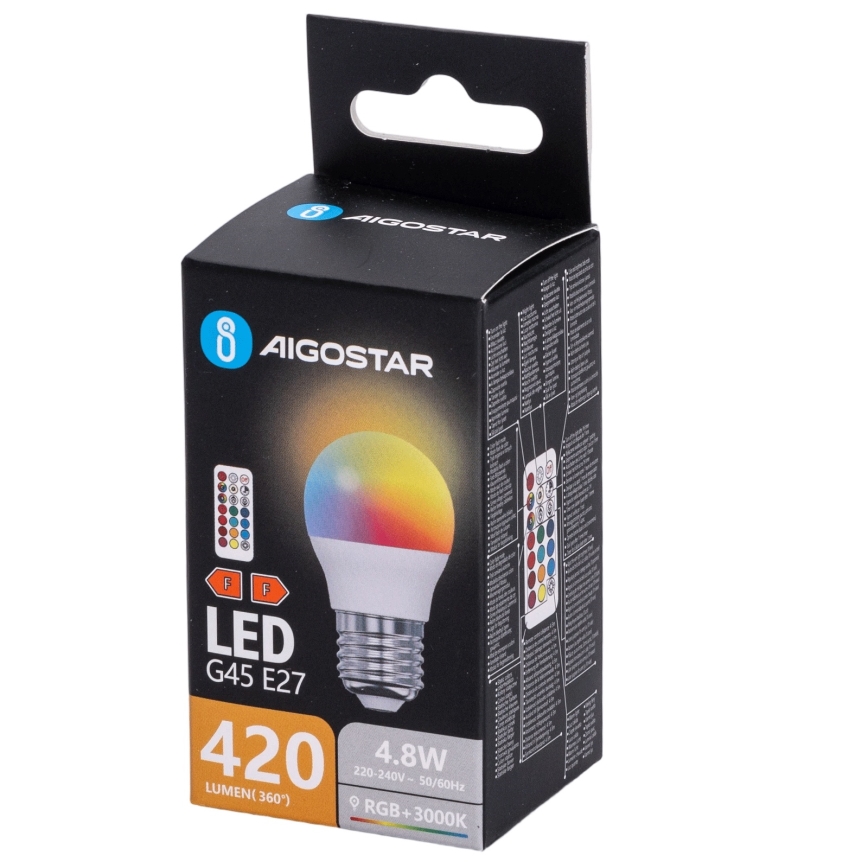 Aigostar - LED RGBW ściemnialna żarówka G45 E27/4,8W/230V 3000K + zdalne sterowanie