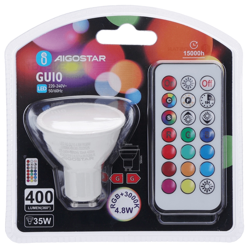 Aigostar - LED RGBW ściemnialna żarówka GU10/4,8W/230V 3000K + z pilotem