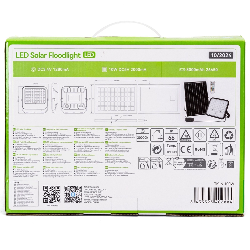 Aigostar - LED RGBW Ściemnialny naświetlacz solarny LED/100W/3,4V IP66 8000 mAh + pilot zdalnego sterowania