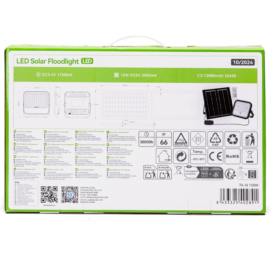Aigostar - LED RGBW Ściemnialny naświetlacz solarny LED/150W/3,4V IP66 12000 mAh + Pilot zdalnego sterowania