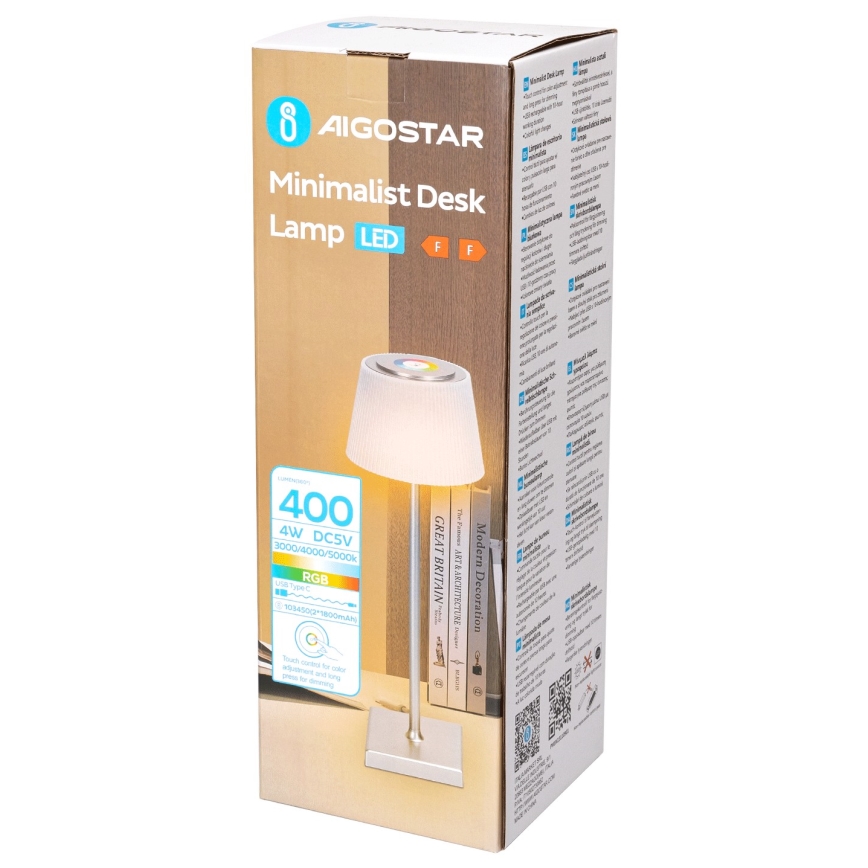 Aigostar - LED RGBW Zewnętrzna ściemnialna akumulatorowa lampa stołowa LED/4W/5V 3600mAh biały/matowy chrom IP54
