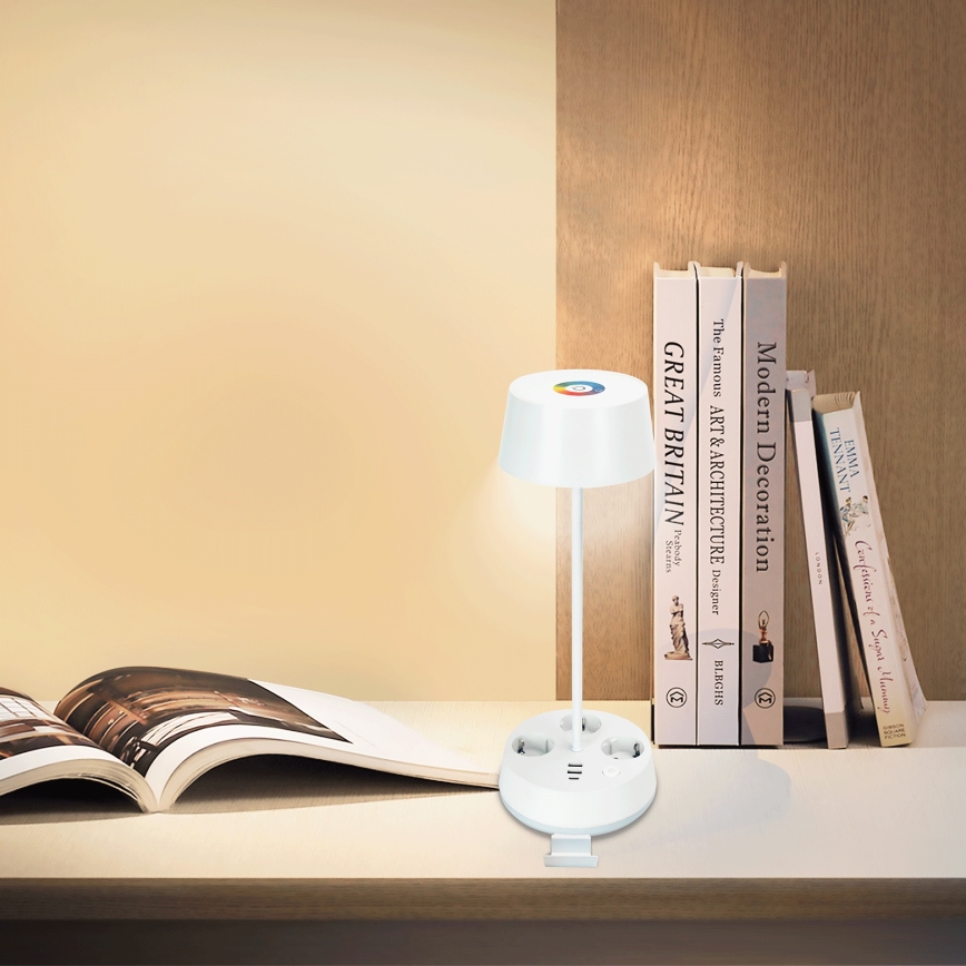 Aigostar - LED RGBW ściemniana lampa biurkowa z gniazdami i USB LED/4,6W/230V 3000/4000/6500K biała