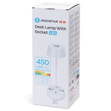 Aigostar - LED RGBW ściemniana lampa biurkowa z gniazdami i USB LED/4,6W/230V 3000/4000/6500K biała
