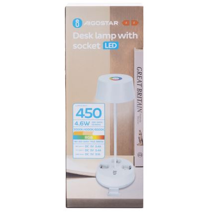 Aigostar - LED RGBW ściemniana lampa biurkowa z gniazdami i USB LED/4,6W/230V 3000/4000/6500K biała