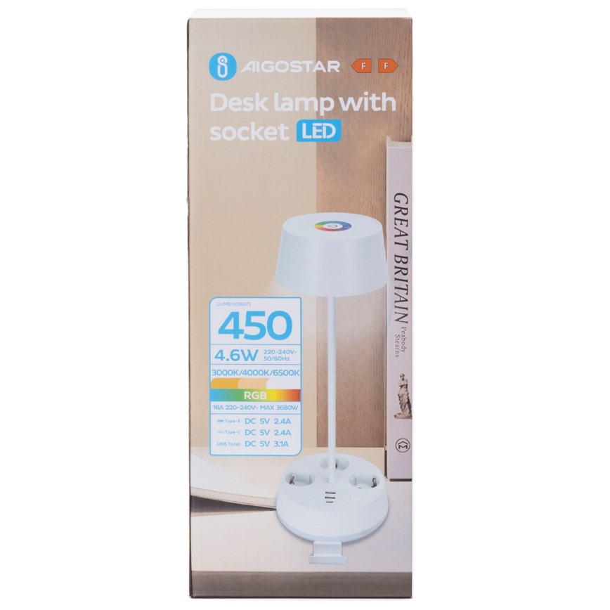 Aigostar - LED RGBW ściemniana lampa biurkowa z gniazdami i USB LED/4,6W/230V 3000/4000/6500K biała