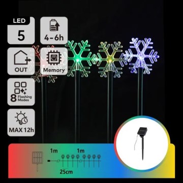 Aigostar - LED RGBY Solarne oświetlenie świąteczne 5xLED/1,2V/8 funkcji 1m IP65 800mAh śnieżynki