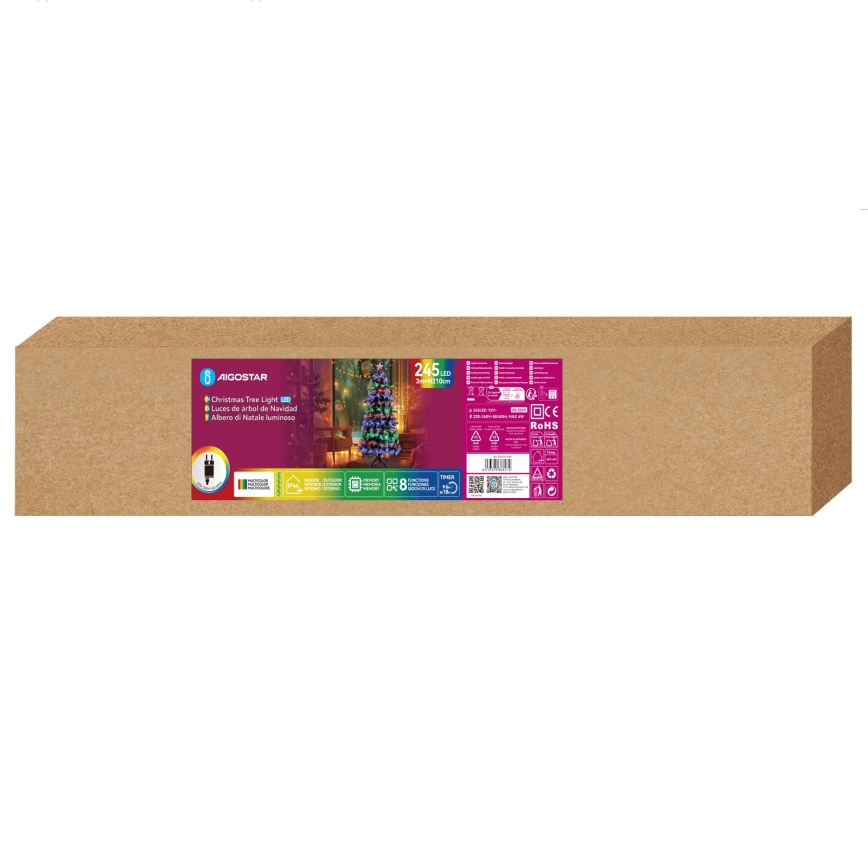 Aigostar - Zewnętrzna choinka świąteczna LED 245 diod, 8 trybów, 2,1 m, IP44, wielokolorowa