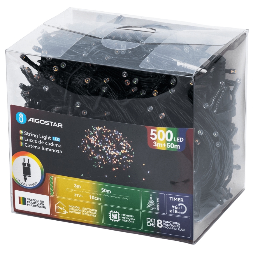 Aigostar - LED Zewnętrzny łańcuch świąteczny 500 diod/8 trybów 50 m IP44 wielokolorowy