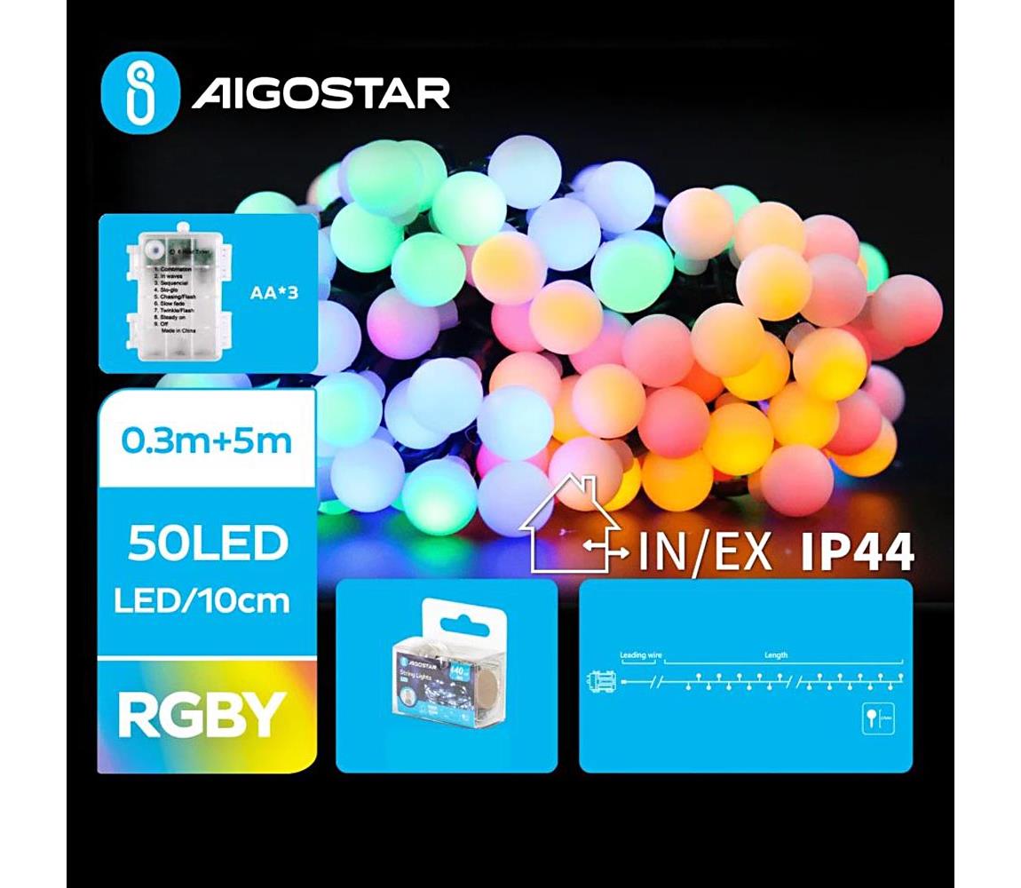 - LED RGBY Zewnętrzny łańcuch bożonarodzeniowy 50xLED/3xAA/8 funkcji 5,3 m IP44