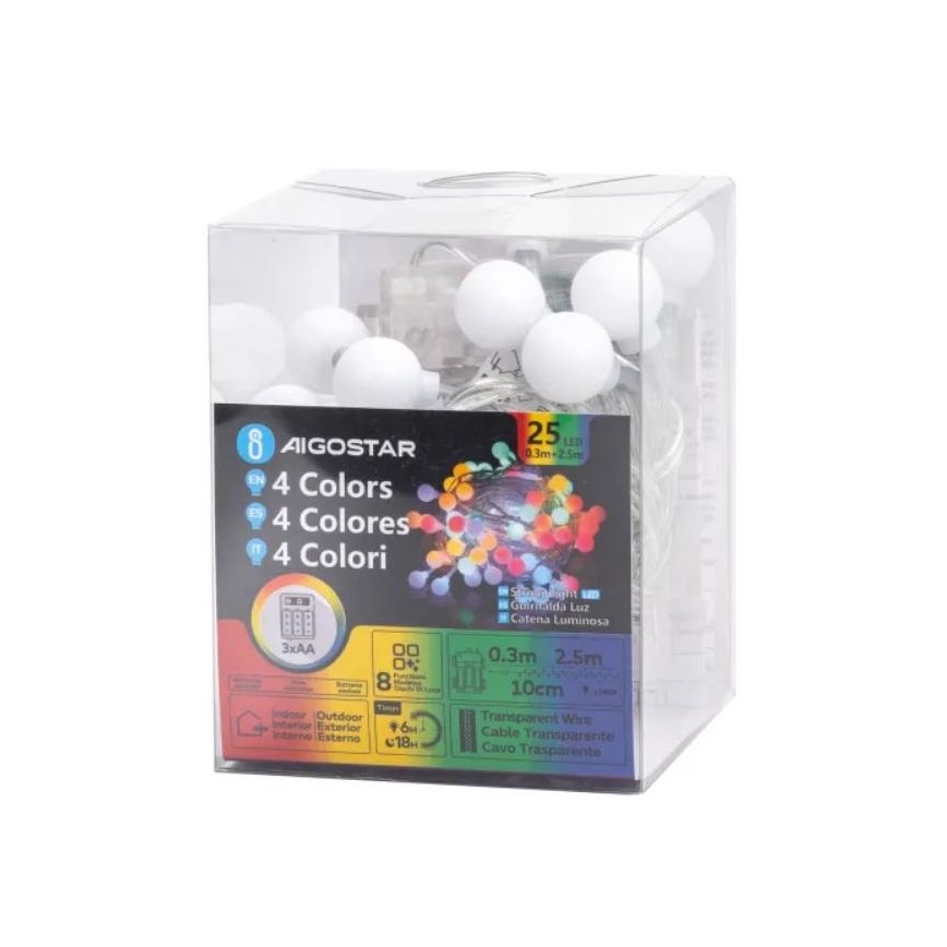 Aigostar - LED RGBY Zewnętrzny łańcuch bożonarodzeniowy 25xLED/3xAA/8 funkcji 2,8 m IP44