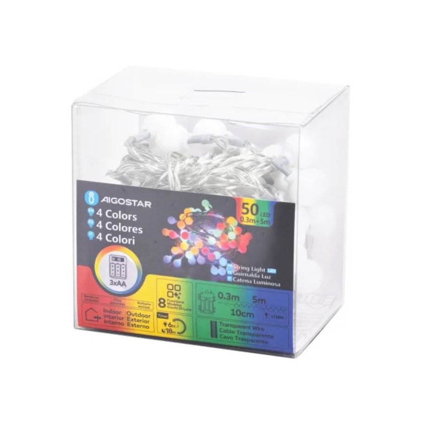 Aigostar - LED RGBY Zewnętrzny łańcuch bożonarodzeniowy 50xLED/3xAA/8 funkcji 5,3 m IP44