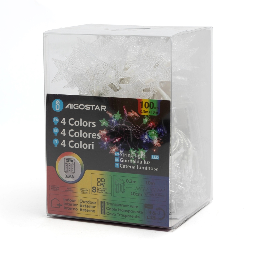 Aigostar - LED RGBY Zewnętrzny łańcuch świąteczny 100xLED/8 funkcji 3xAA 10m IP44 gwiazdy
