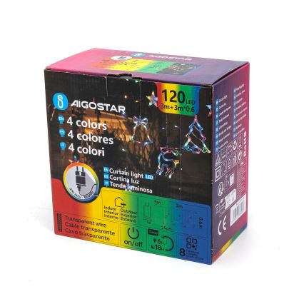 Aigostar - LED RGBY Zewnętrzne lampki świąteczne 120 diod LED / 8 funkcji 3 x 0,6 m IP44 wielokolorowe + zdalne sterowanie