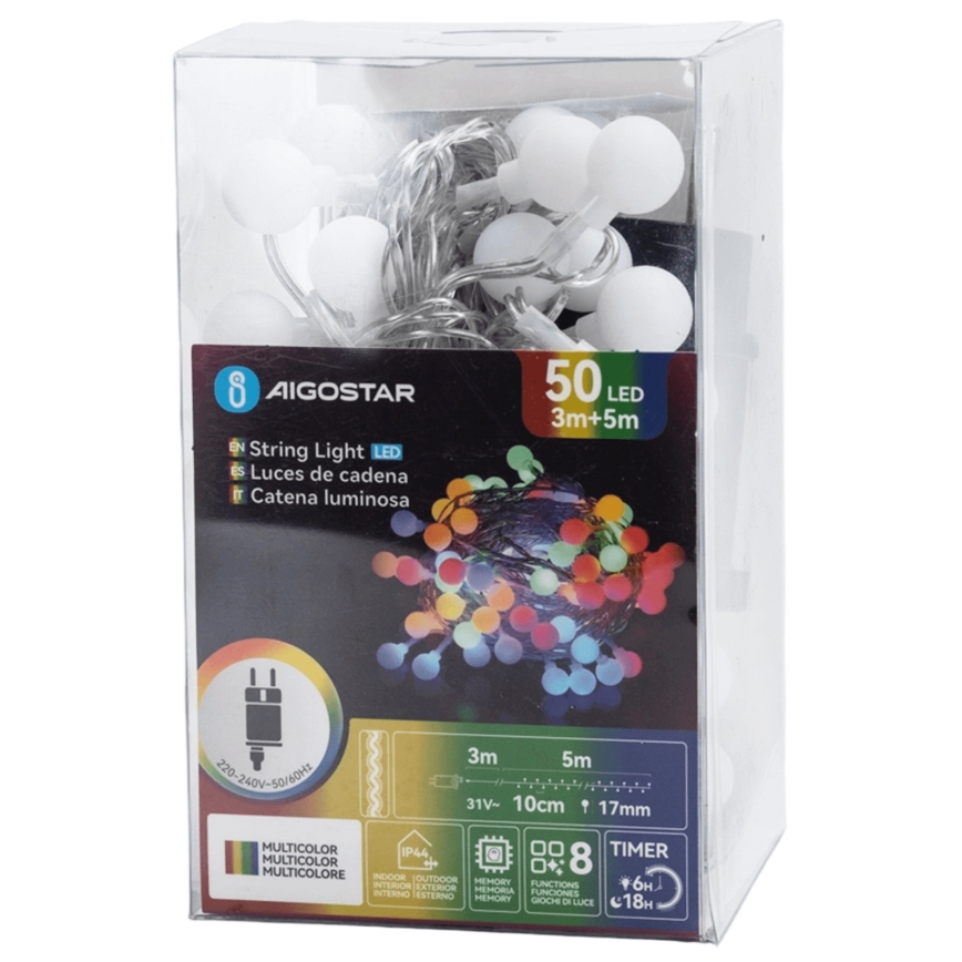 Aigostar - Zewnętrzna girlanda świetlna LED 50 diod / 8 trybów 5 m IP44 wielokolorowa
