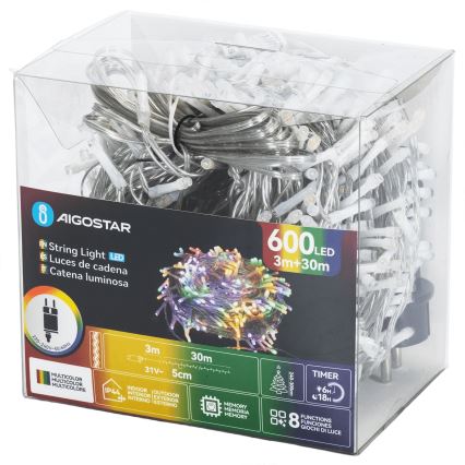 Aigostar - LED Zewnętrzny łańcuch świąteczny, 600 diod LED, 8 trybów świecenia, 30 m, IP44, wielokolorowy