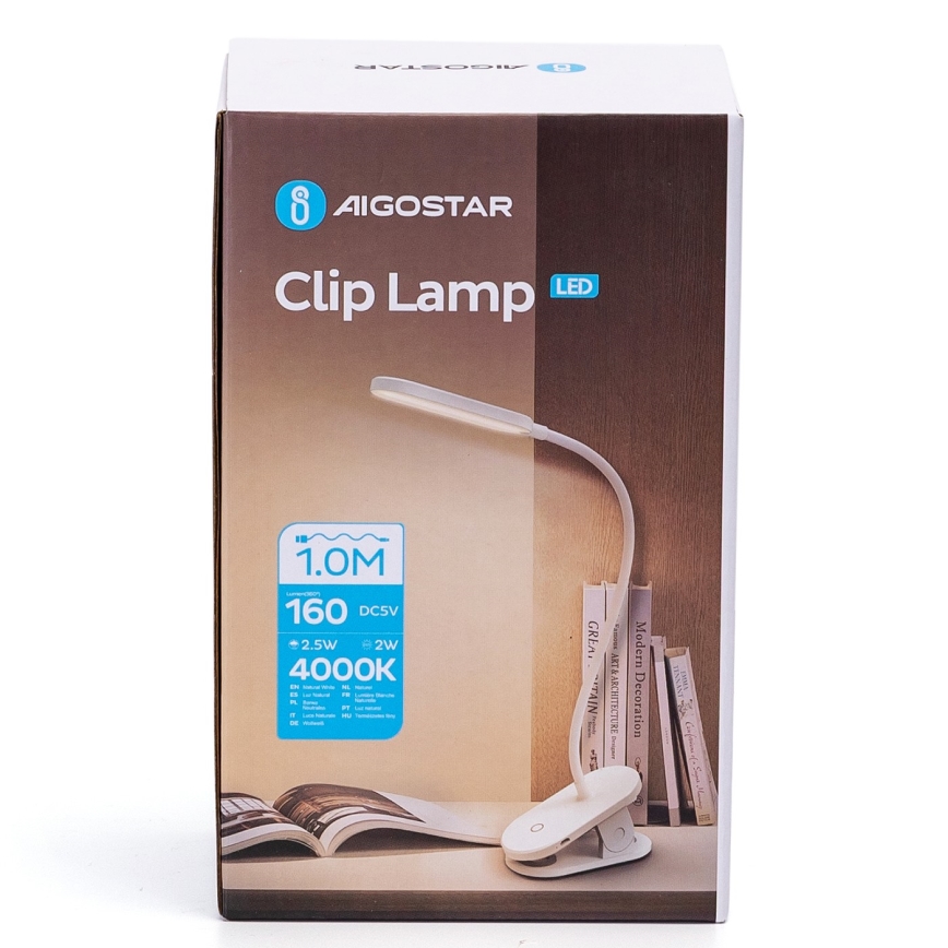 Aigostar - LED Ściemnialna akumulatorowa lampa stołowa z klipsem LED/2,5W/5V 1200mAh biała