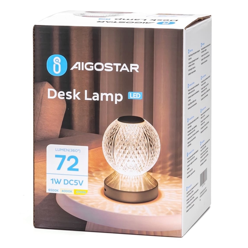 Aigostar - LED Ściemnialna akumulatorowa lampa stołowa LED/1W/5V 2700/4000/6500K 1800mAh 13,5 cm