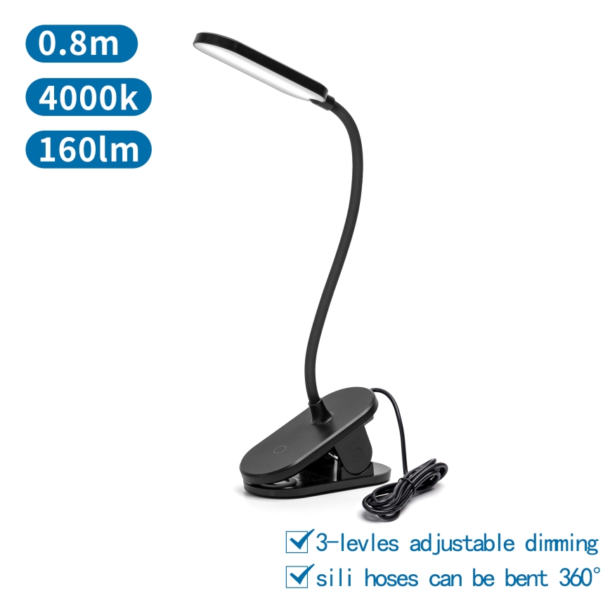 Aigostar - LED Ściemnialna lampa stołowa z klipsem LED/2,5W/5V czarna