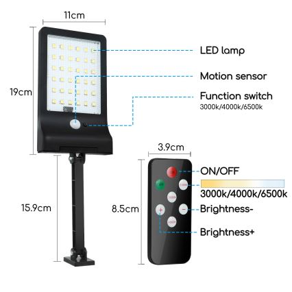 Aigostar - LED Ściemnialna solarna lampa z czujnikiem LED/2,3W/5,5V IP65 1800 mAh + zdalne sterowanie
