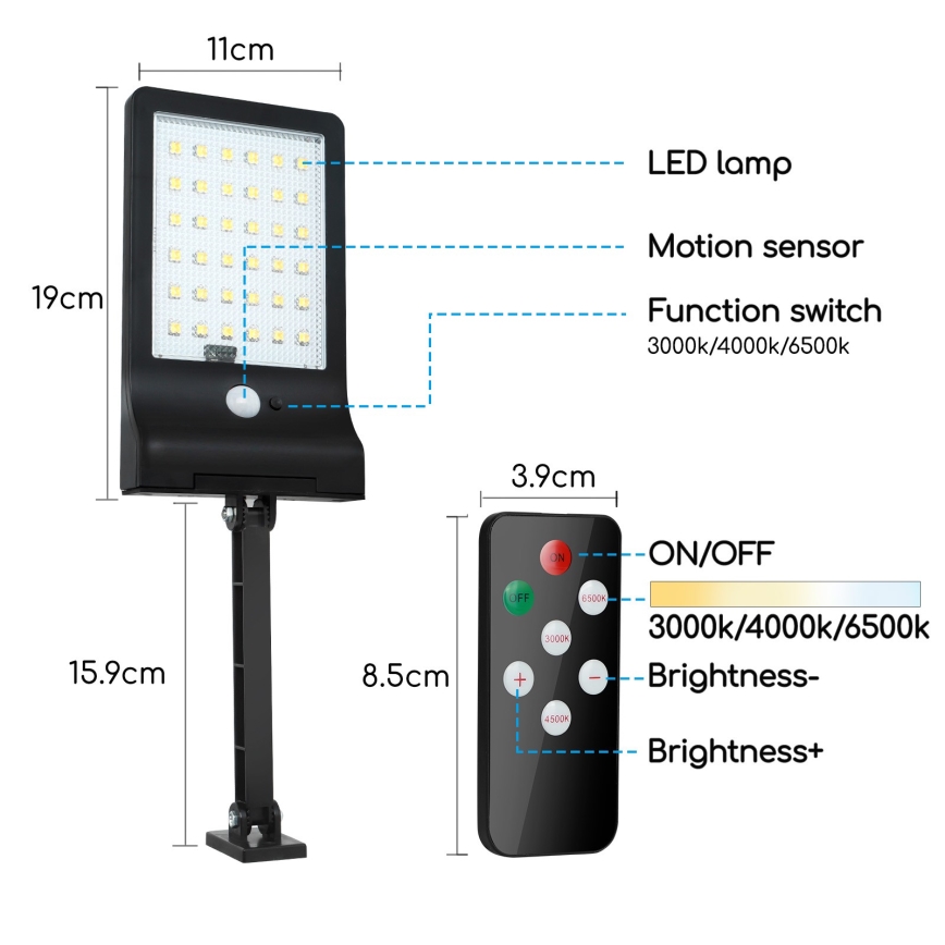 Aigostar - LED Ściemnialna solarna lampa z czujnikiem LED/2,3W/5,5V IP65 1800 mAh + zdalne sterowanie