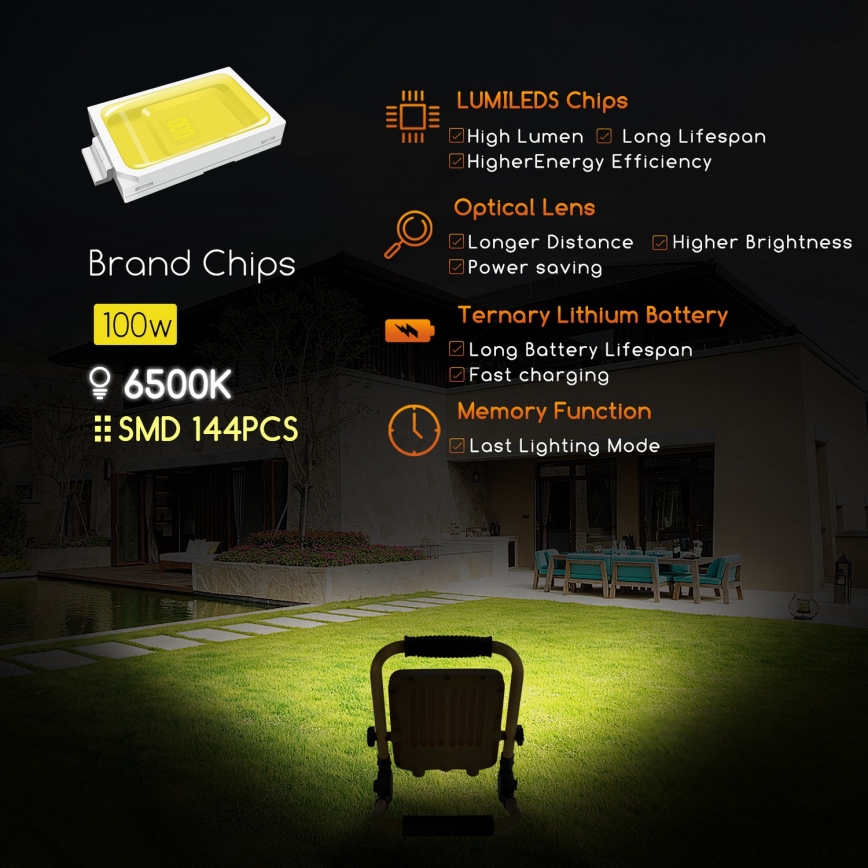 Aigostar - LED Ściemnialny akumulatorowy reflektor LED/100W/5V 6500K IP65 1500mAh