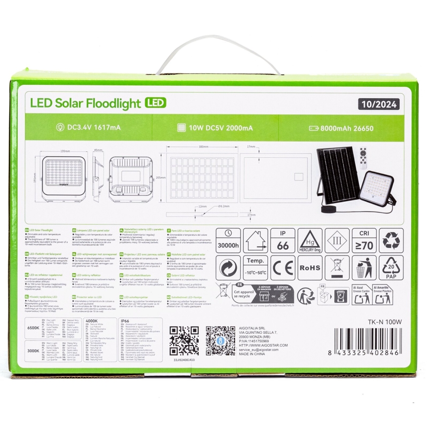 Aigostar - LED Ściemnialny naświetlacz solarny LED/100W/3,4V IP66 + pilot zdalnego sterowania