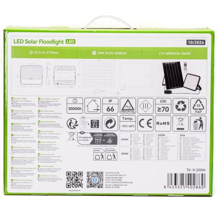Aigostar - LED Ściemnialny naświetlacz solarny LED/200W/3,4V IP66 + pilot zdalnego sterowania