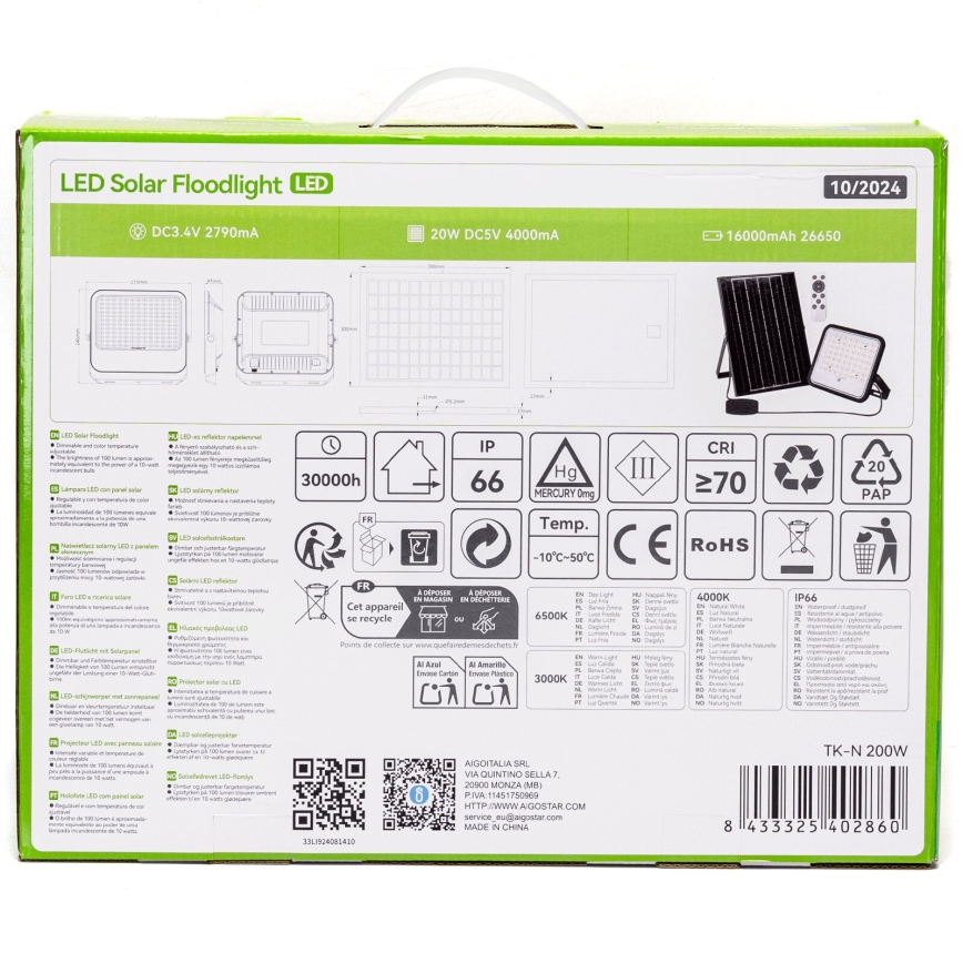 Aigostar - LED Ściemnialny naświetlacz solarny LED/200W/3,4V IP66 + pilot zdalnego sterowania