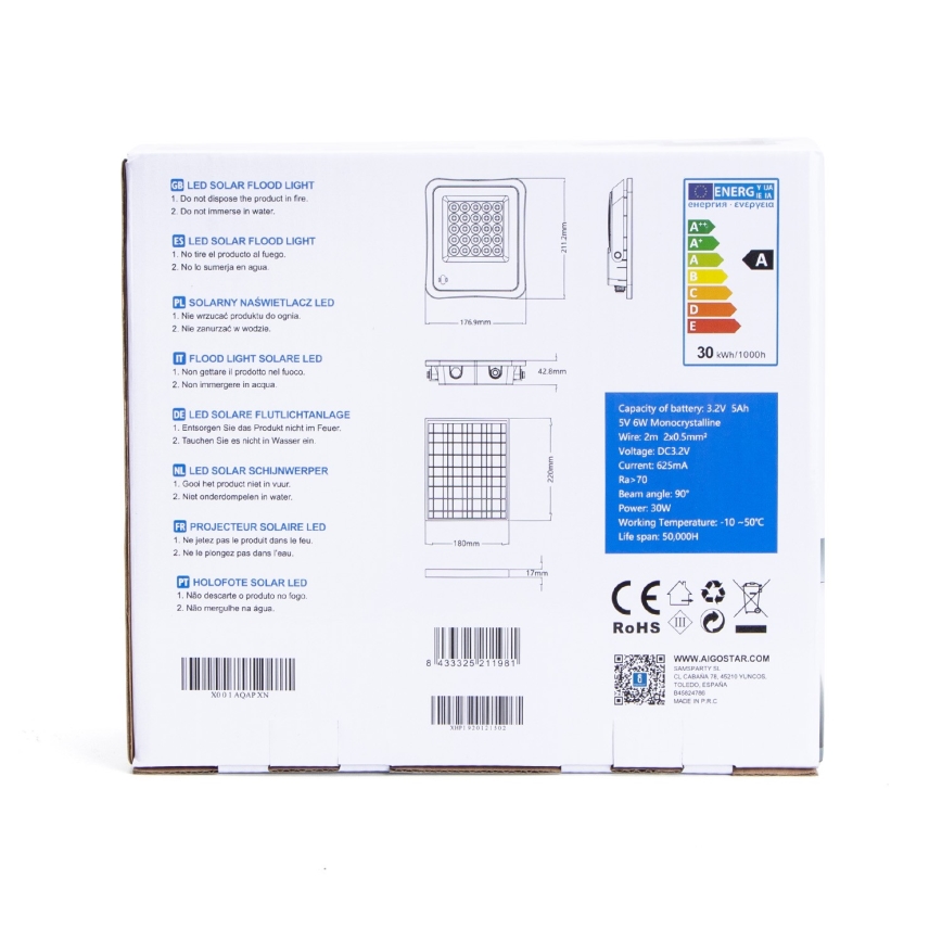 Aigostar - LED Ściemnialny naświetlacz solarny LED/30W/3,2V 20000 mAh IP67 + pilot