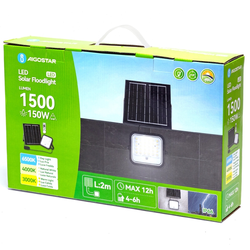 Aigostar - LED ściemnialny solarny reflektor LED/150W/3,4V 3000/4000/6500K IP66 12000 mAh + pilot zdalnego sterowania