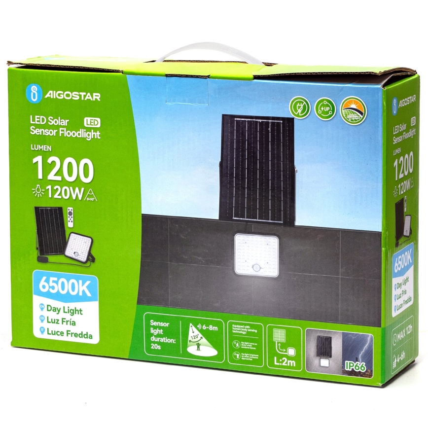 Aigostar - ściemnialny solarny reflektor LED z czujnikiem / 120W / 3,4V 6500K IP66 8000 mAh + zdalne sterowanie