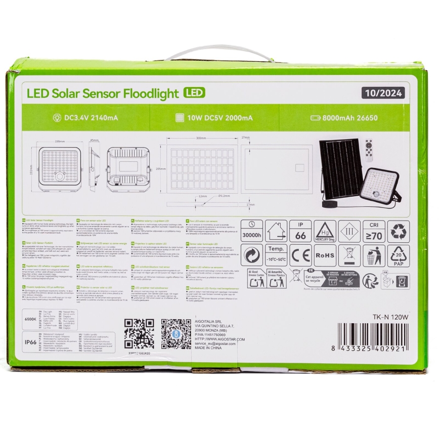 Aigostar - ściemnialny solarny reflektor LED z czujnikiem / 120W / 3,4V 6500K IP66 8000 mAh + zdalne sterowanie