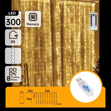 Aigostar - LED ściemnialny świąteczny łańcuch 300xLED/8 funkcji USB 6x3m ciepła biel + zdalne sterowanie