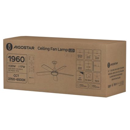 Aigostar - LED Ściemnialny wentylator sufitowy LED/20W/230V 2700-6500K 132cm biały/beżowy + zdalne sterowanie