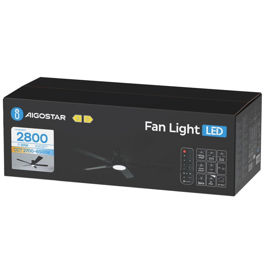 Aigostar - ściemnialny wentylator sufitowy LED 20W/230V 2700-6500K 132 cm czarny + pilot zdalnego sterowania