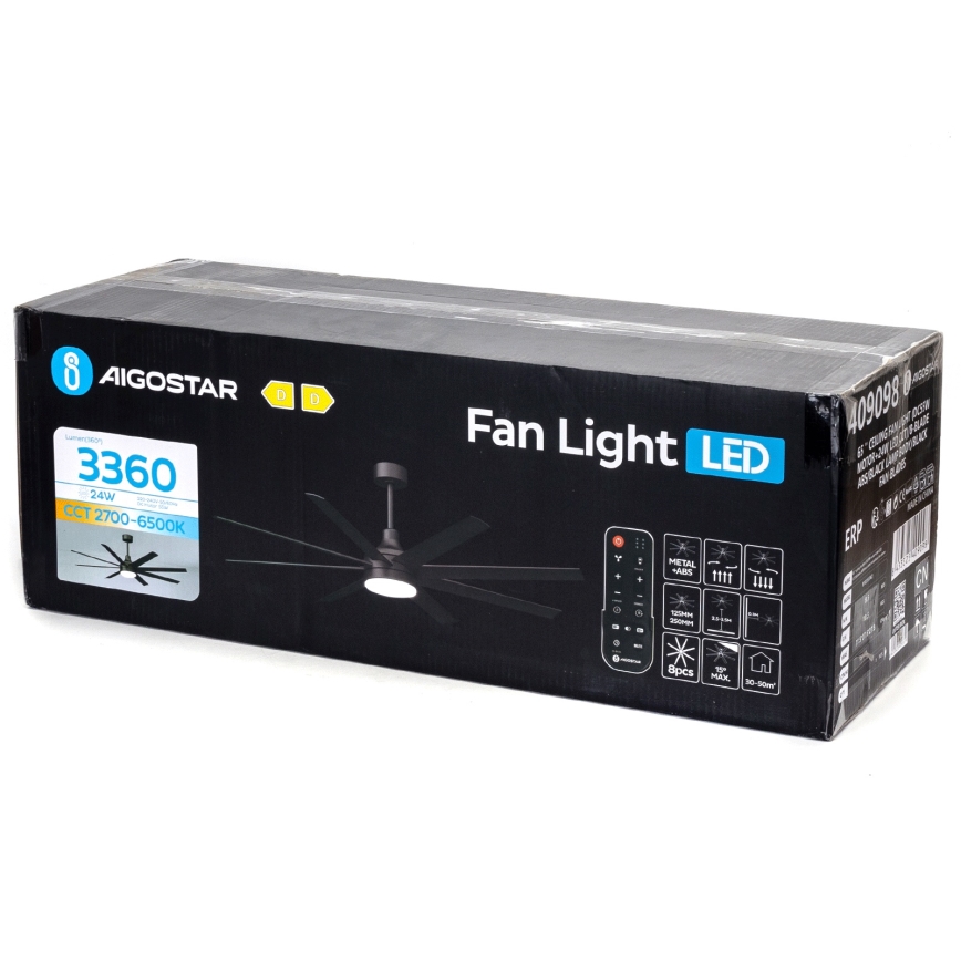 Aigostar - LED Ściemnialny wentylator sufitowy LED/24W/230V 2700-6500K 165cm czarny + zdalne sterowanie