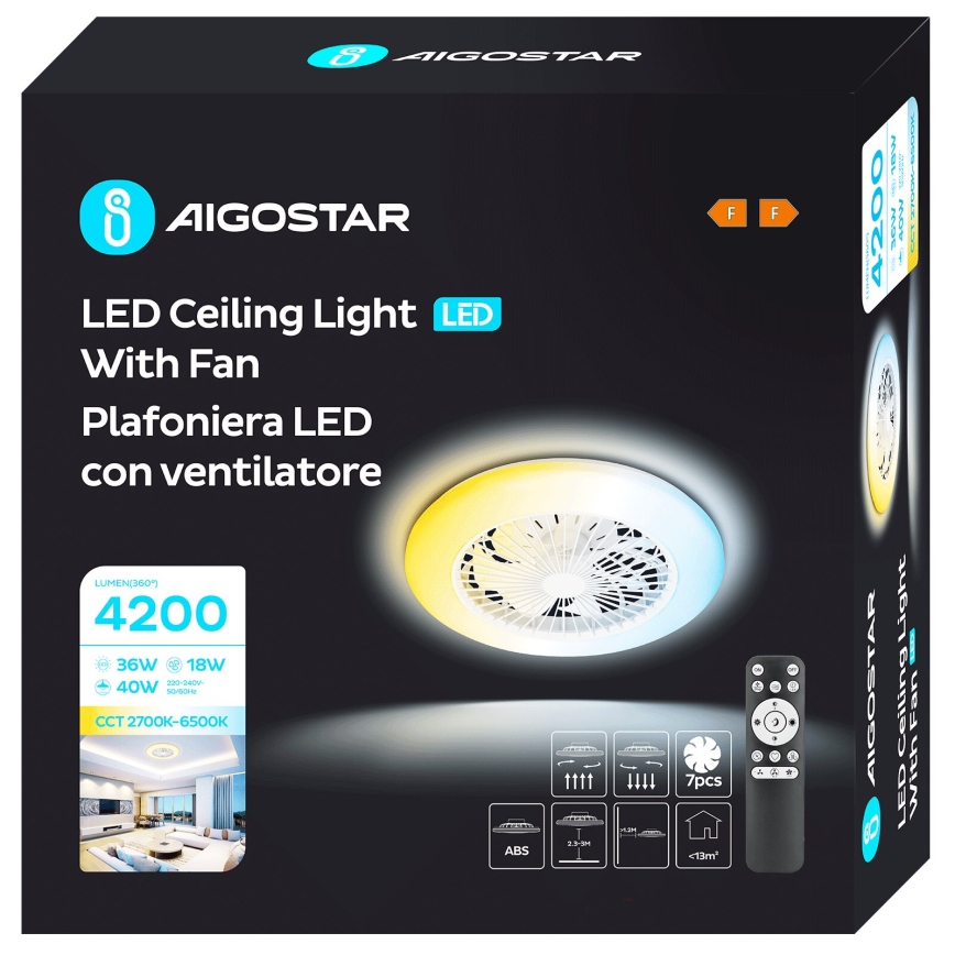 Aigostar - LED Ściemnialny wentylator sufitowy LED/40W/230V 2700-6500K śr. 49 cm + pilot zdalnego sterowania biały