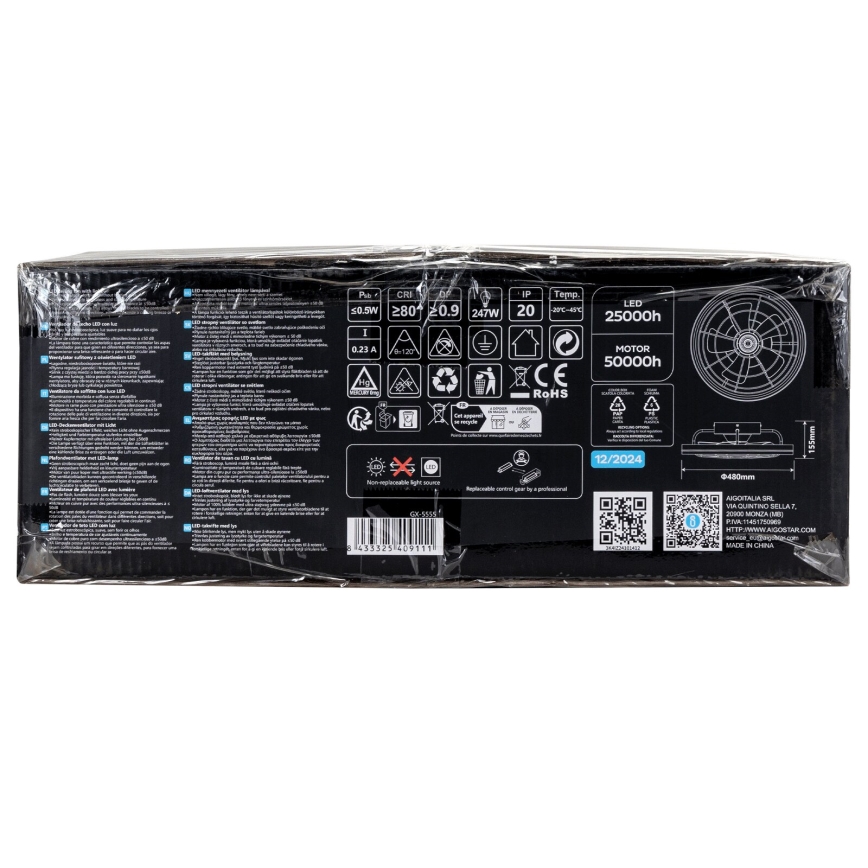 Aigostar - LED Ściemnialny wentylator sufitowy LED/40W/230V 2700-6500K śr. 48 cm + pilot zdalnego sterowania czarny