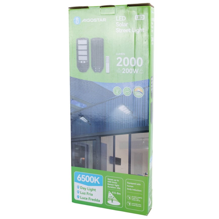 Aigostar - LED Solarna lampa uliczna z czujnikiem LED/200W/3,2V 12000mAh IP65 6500K + zdalne sterowanie