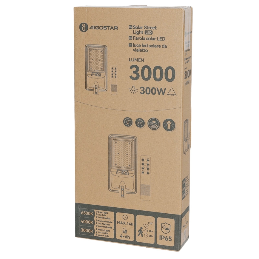 Aigostar - LED solarna lampa uliczna z czujnikiem LED/400W/3,2V 4800mAh + pilot zdalnego sterowania